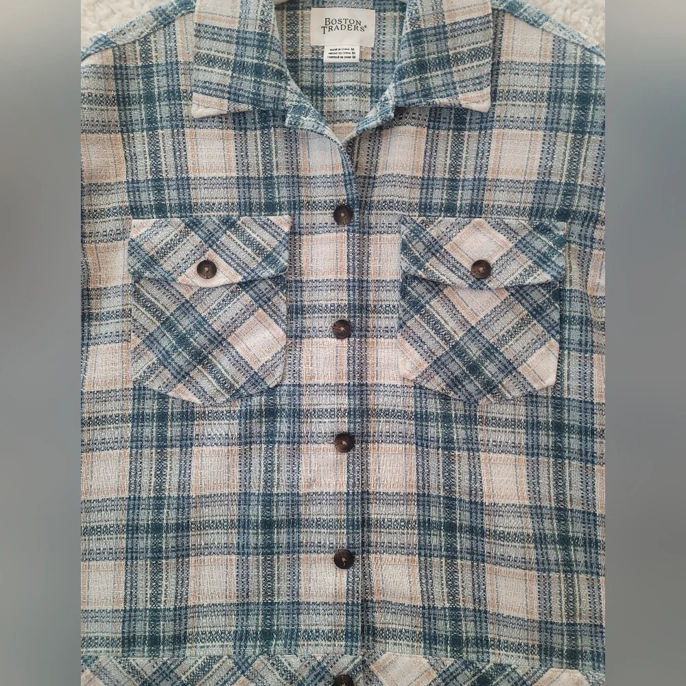 Boston Traders SZ-M Plaid Flannel Shirt+Jacket=Shacket Teal Cream MINT CONDITION